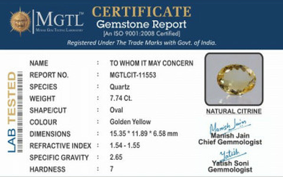 Citrine - 7.74 Carats (Sunela - 8.44 Ratti)