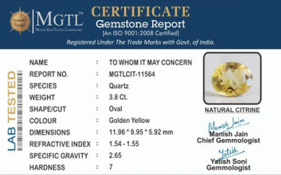 Citrine - 3.80 Carats (Sunela - 4.14 Ratti)