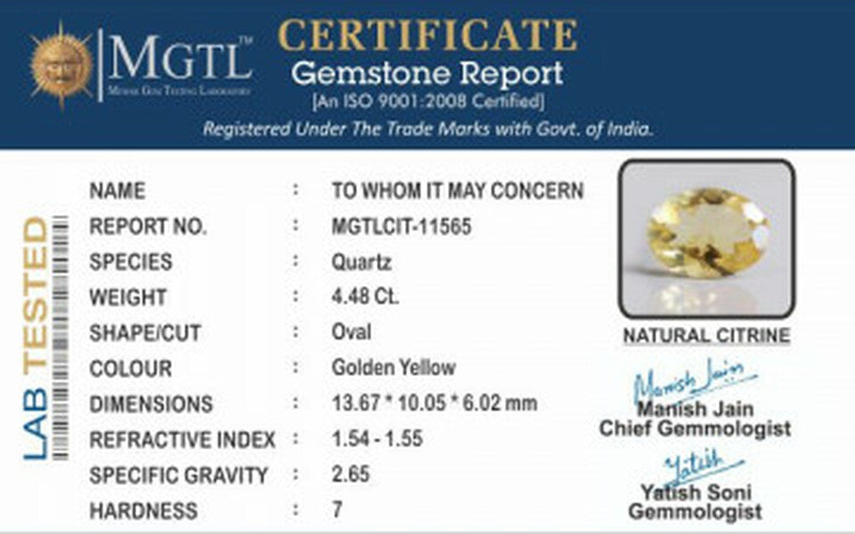 Citrine - 4.48 Carats (Sunela - 4.88 Ratti)