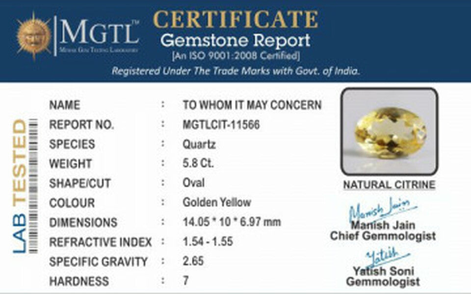 Citrine - 5.80 Carats (Sunela - 6.32 Ratti)