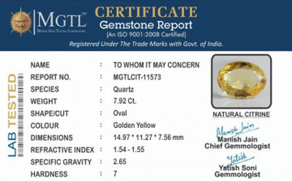 Citrine - 7.92 Carats (Sunela - 8.63 Ratti)