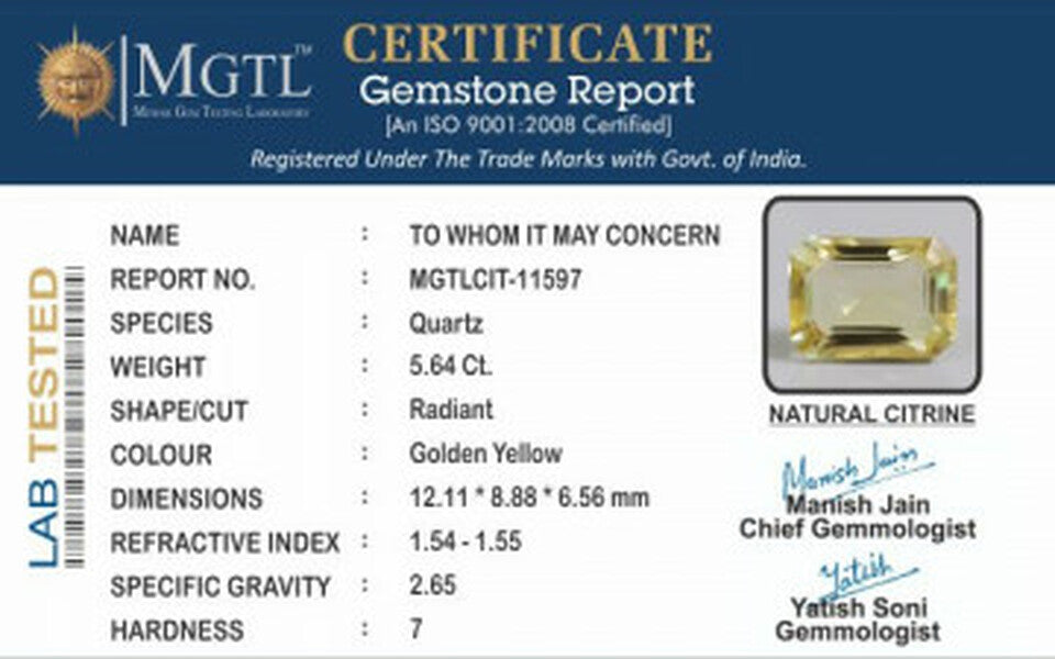 Citrine - 5.64 Carats (Sunela - 6.15 Ratti)