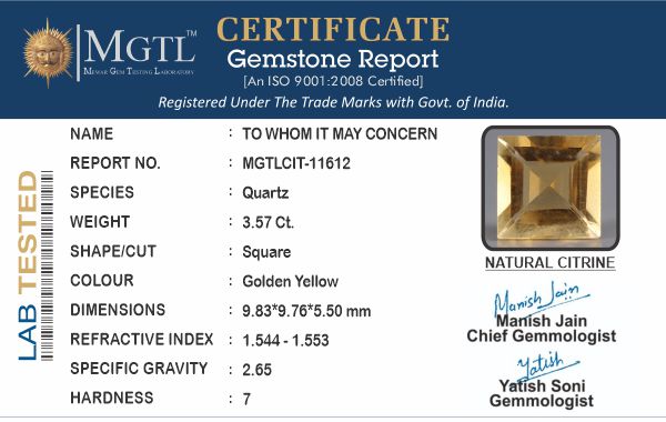 Citrine - 3.57 Carats (Sunela - 3.89 Ratti)