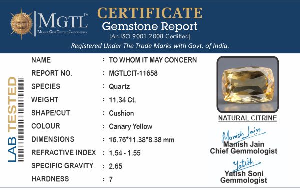 Citrine - 11.34 Carats (Sunela - 12.36 Ratti)