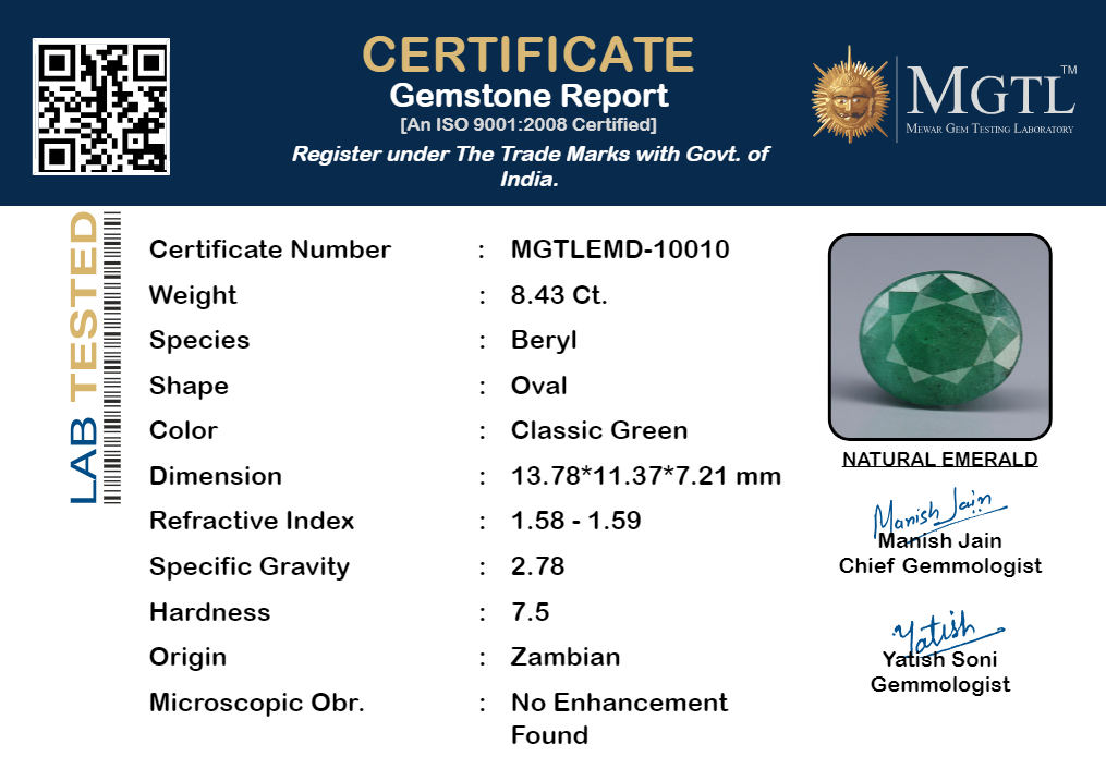 Emerald - 8.43 Carats (Panna - 9.19 Ratti)