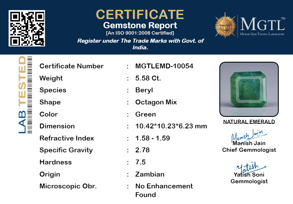 Emerald - 5.58 Carats (Panna - 6.08 Ratti)