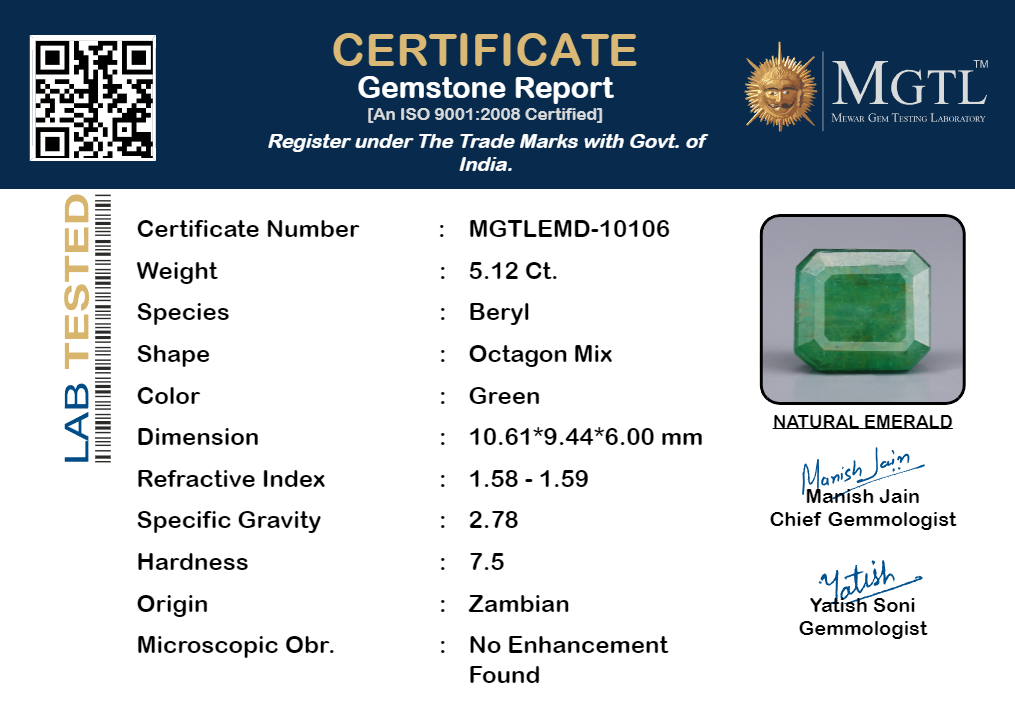 Emerald - 5.12 Carats (Panna - 5.58 Ratti)