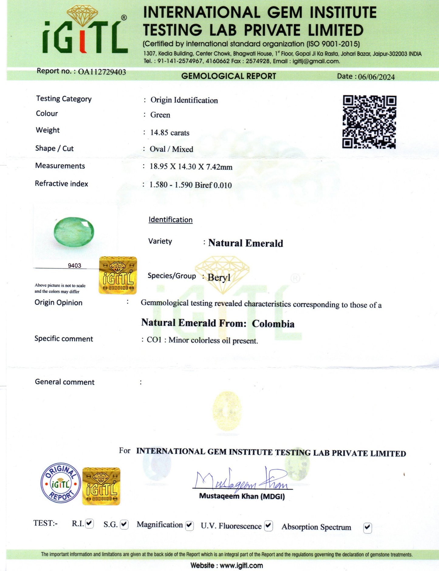 Emerald - 14.85 Carats (Panna - 16.19 Ratti)