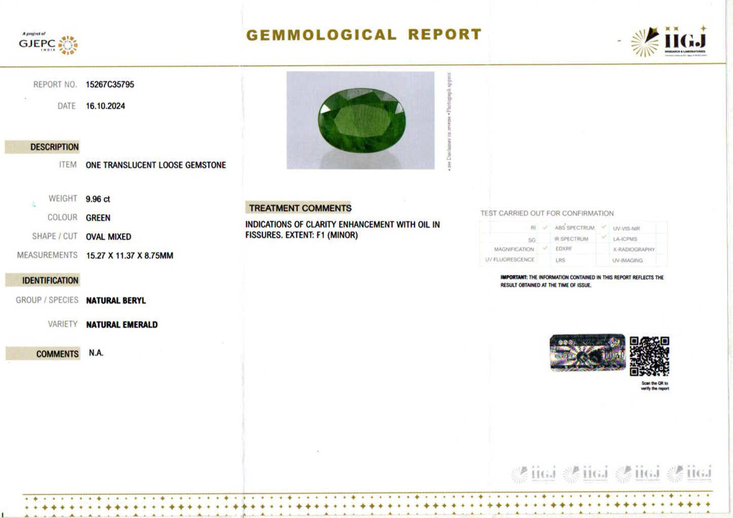 Emerald - 9.96 Carats (Panna - 10.86 Ratti)