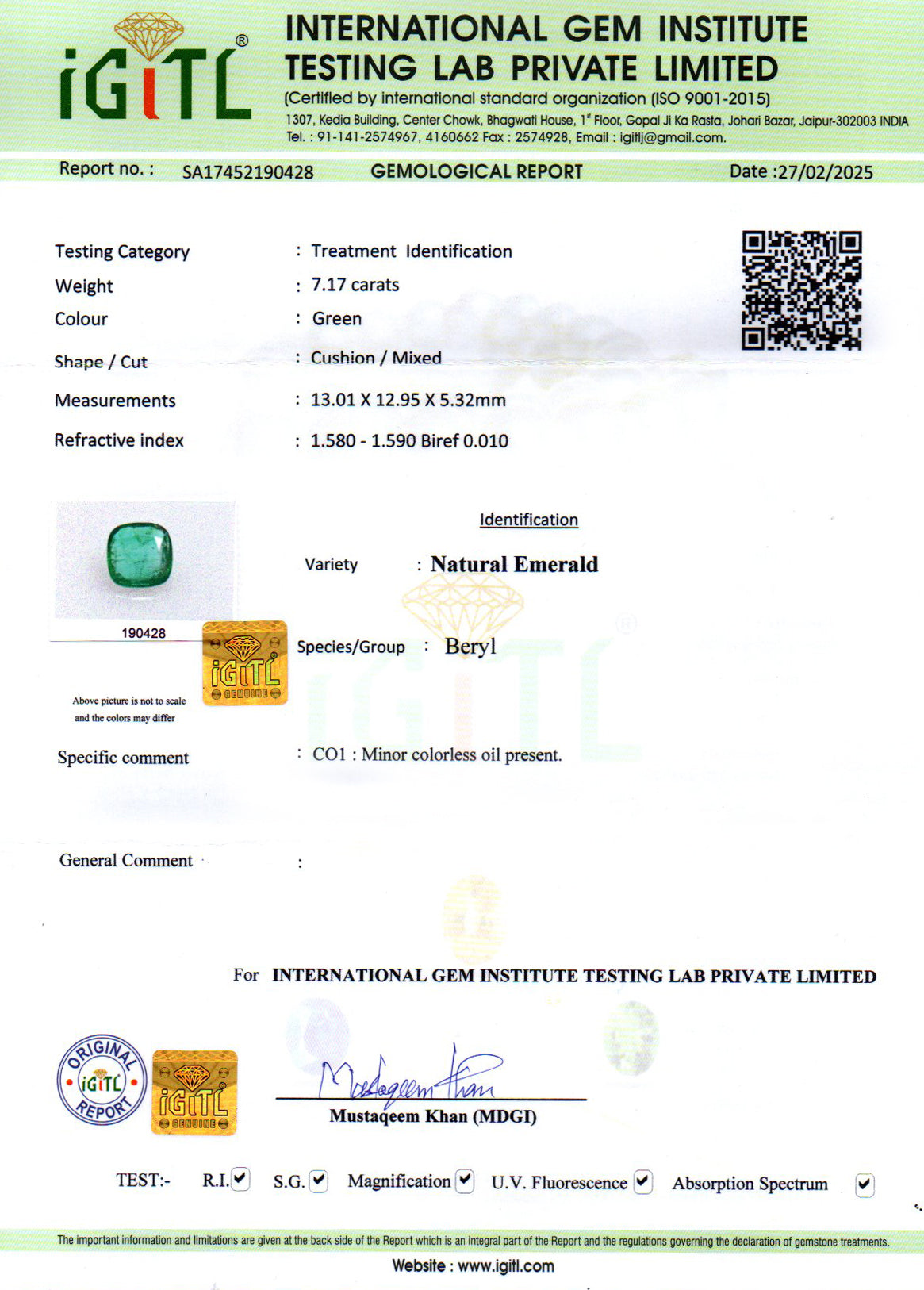 Emerald - 7.17 Carats (Panna - 7.82 Ratti)
