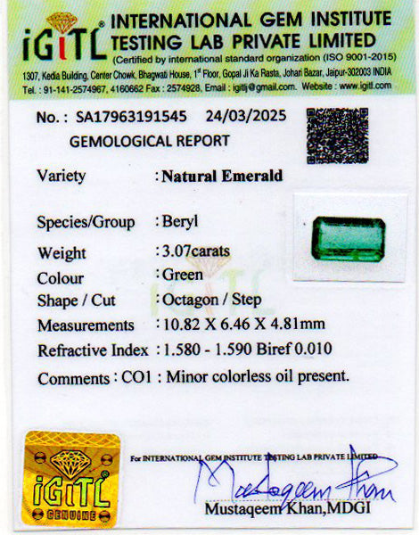 Emerald - 3.07 Carats (Panna - 3.35 Ratti)