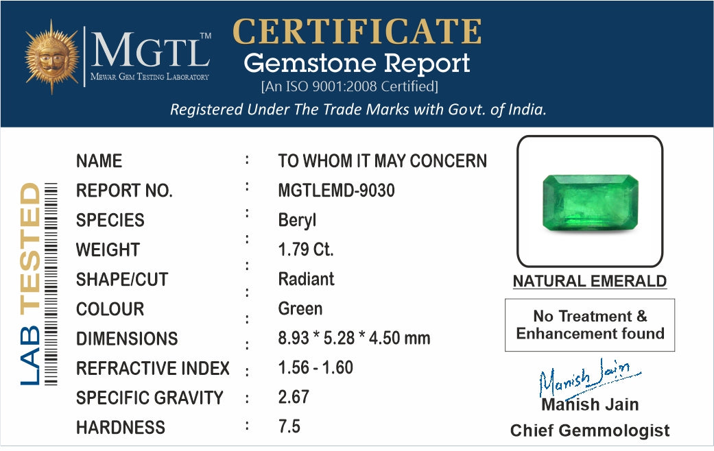Emerald - 1.79 Carats (Panna - 1.95 Ratti)