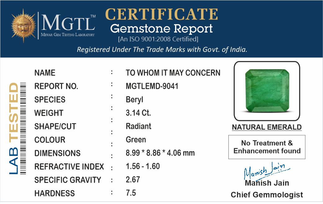 Emerald - 3.14 Carats (Panna - 3.42 Ratti)