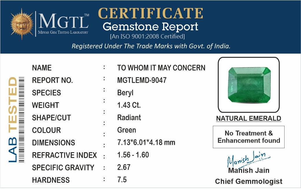 Emerald - 1.43 Carats (Panna - 1.56 Ratti)