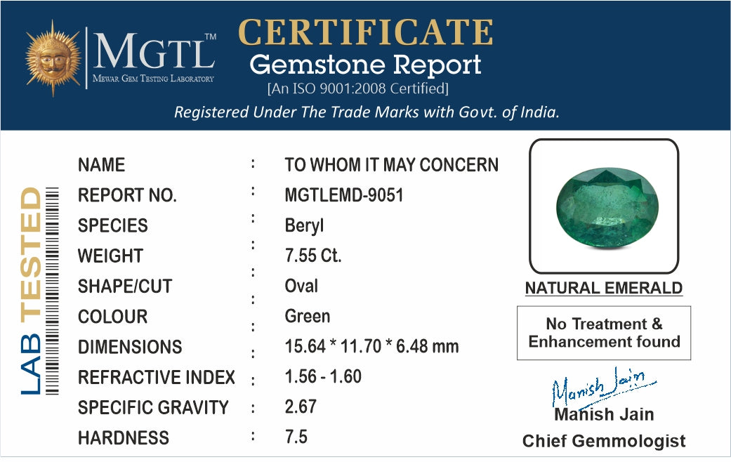 Emerald - 7.55 Carats (Panna - 8.23 Ratti)