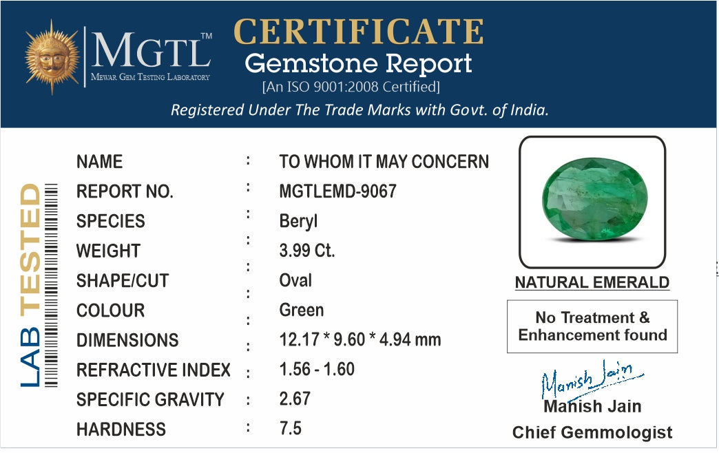 Emerald - 3.99 Carats (Panna - 4.35 Ratti)