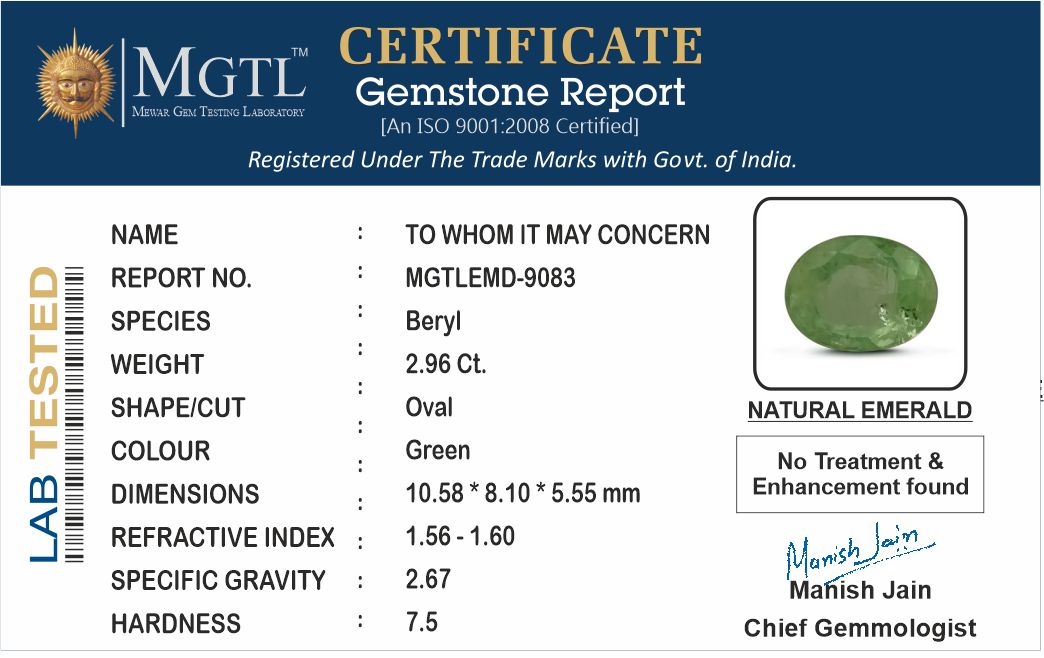 Emerald - 2.96 Carats (Panna - 3.23 Ratti)
