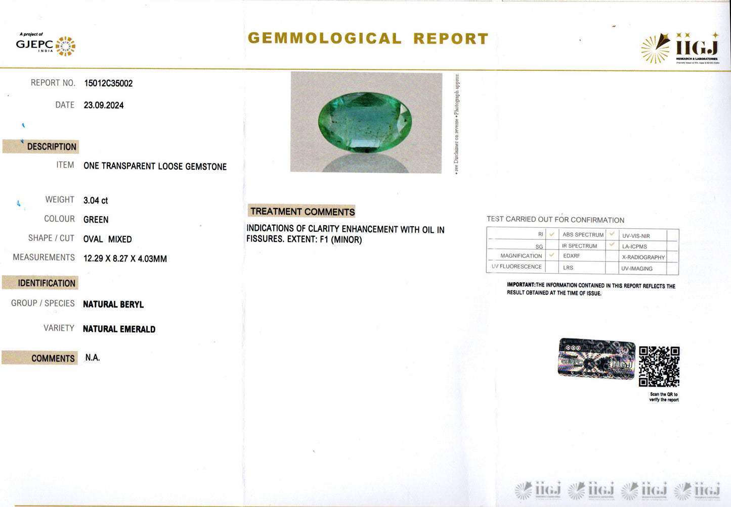 Emerald - 3.04 Carats (Panna - 3.31 Ratti)