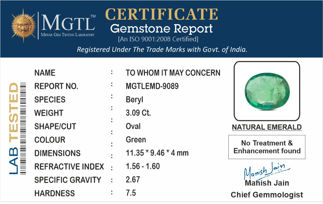 Emerald - 3.09 Carats (Panna - 3.37 Ratti)