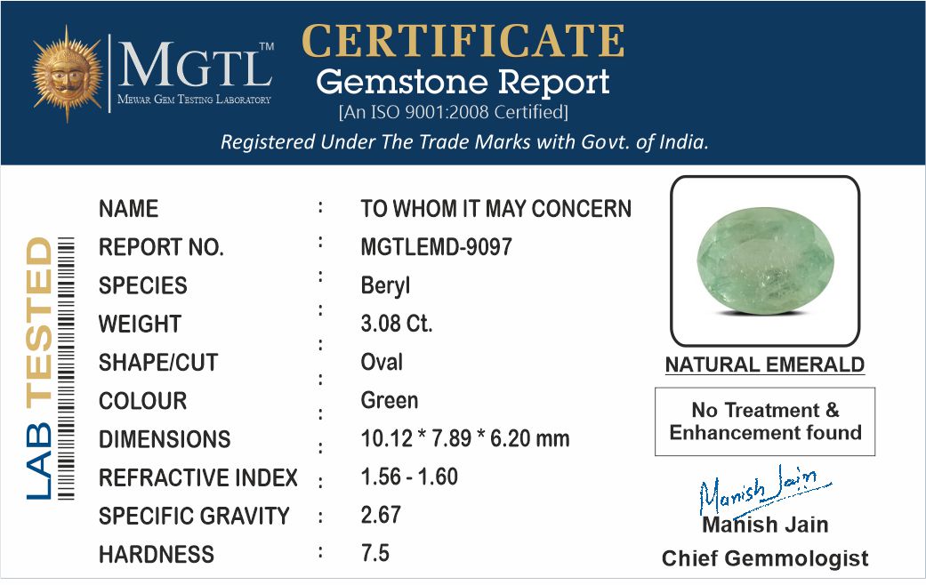 Emerald - 3.08 Carats (Panna - 3.36 Ratti)