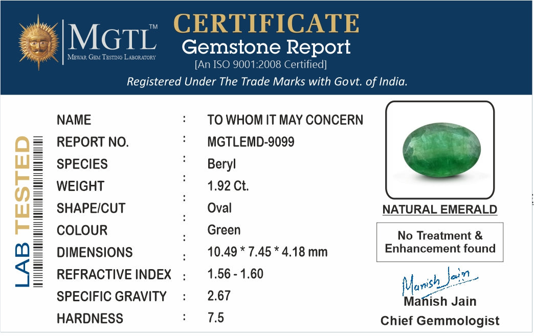Emerald - 1.92 Carats (Panna - 2.09 Ratti)