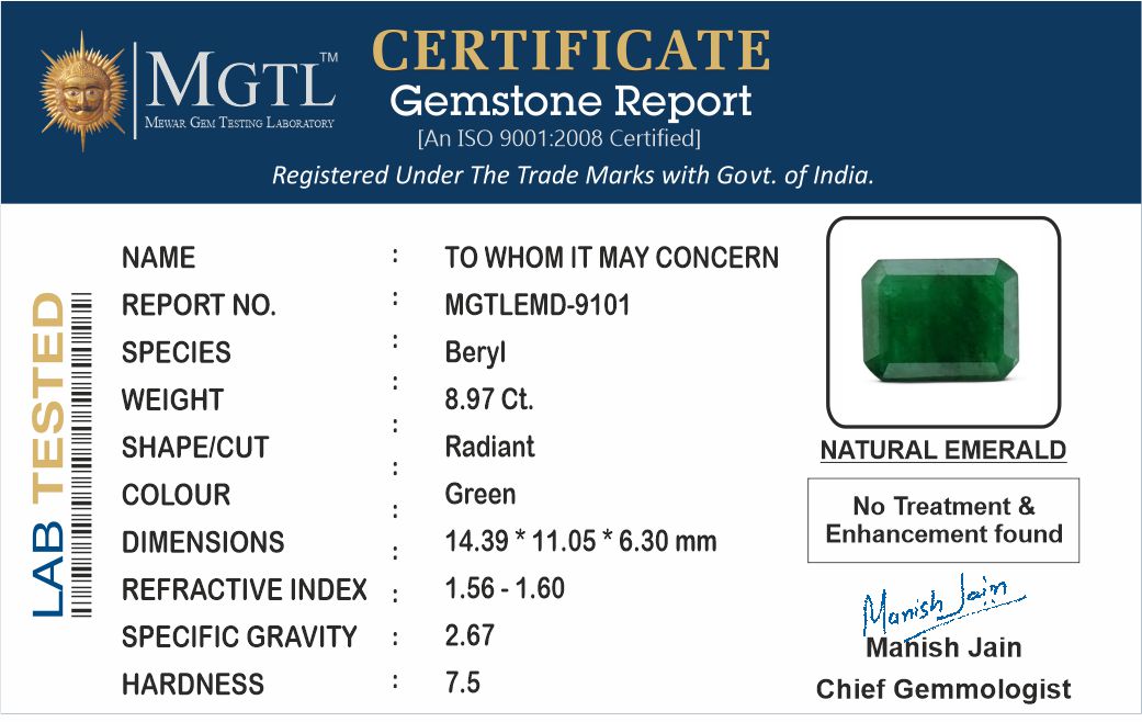 Emerald - 8.97 Carats (Panna - 9.78 Ratti)