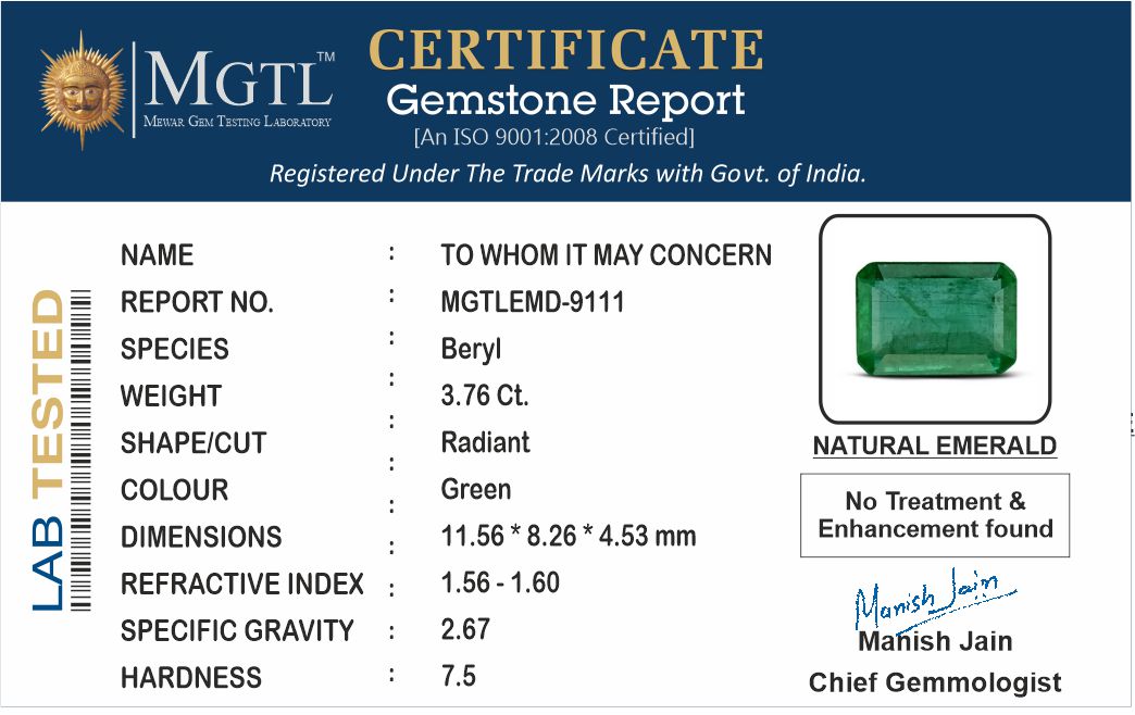 Emerald - 3.76 Carats (Panna - 4.10 Ratti)