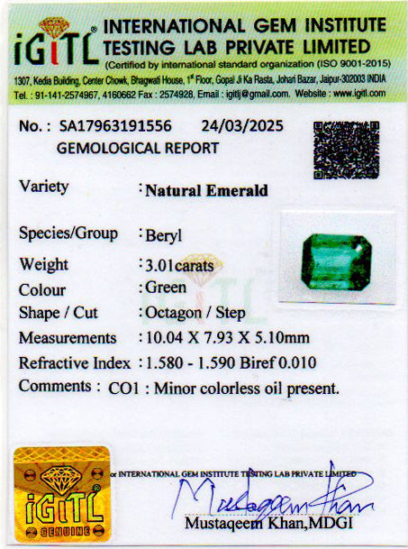 Emerald - 3.01 Carats (Panna - 3.28 Ratti)