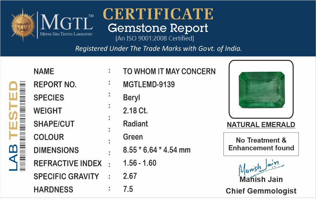 Emerald - 2.18 Carats (Panna - 2.38 Ratti)