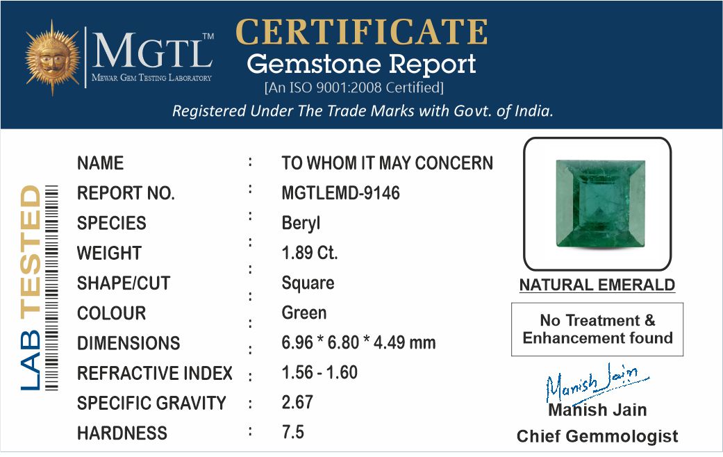 Emerald - 1.89 Carats (Panna - 2.06 Ratti)