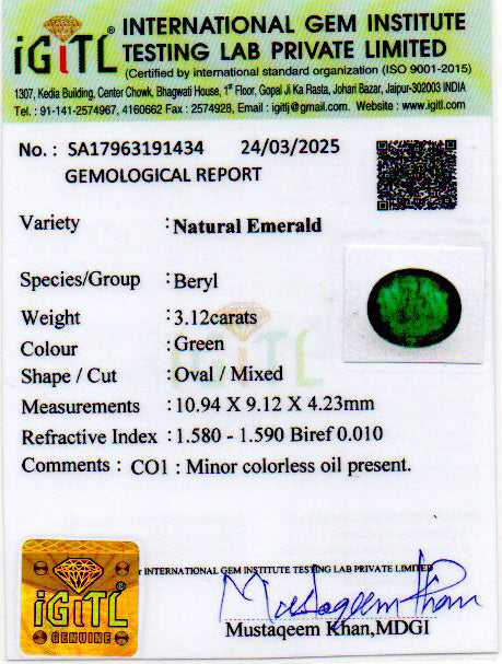Emerald - 3.12 Carats (Panna - 3.40 Ratti)