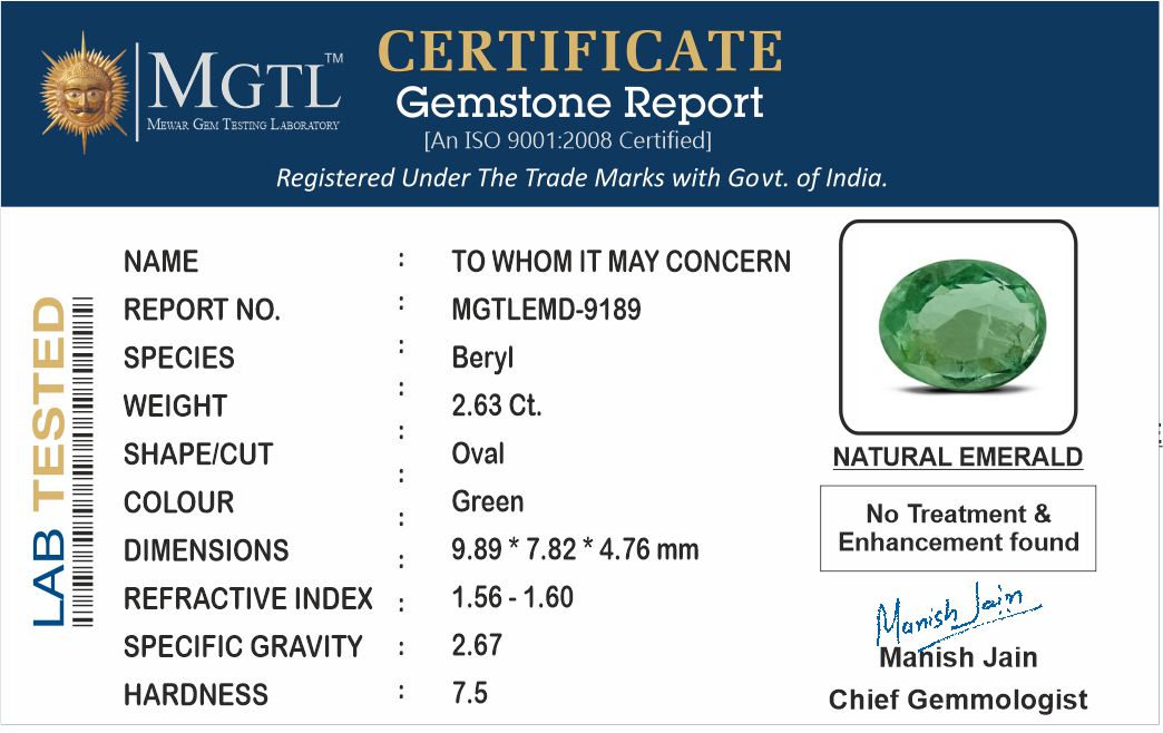 Emerald - 2.63 Carats (Panna - 2.87 Ratti)
