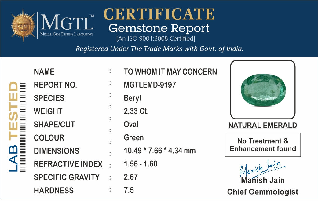 Emerald - 2.33 Carats (Panna - 2.54 Ratti)