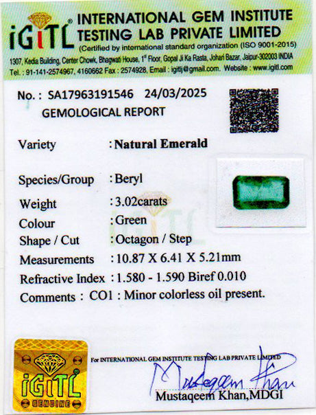 Emerald - 3.02 Carats (Panna - 3.29 Ratti)