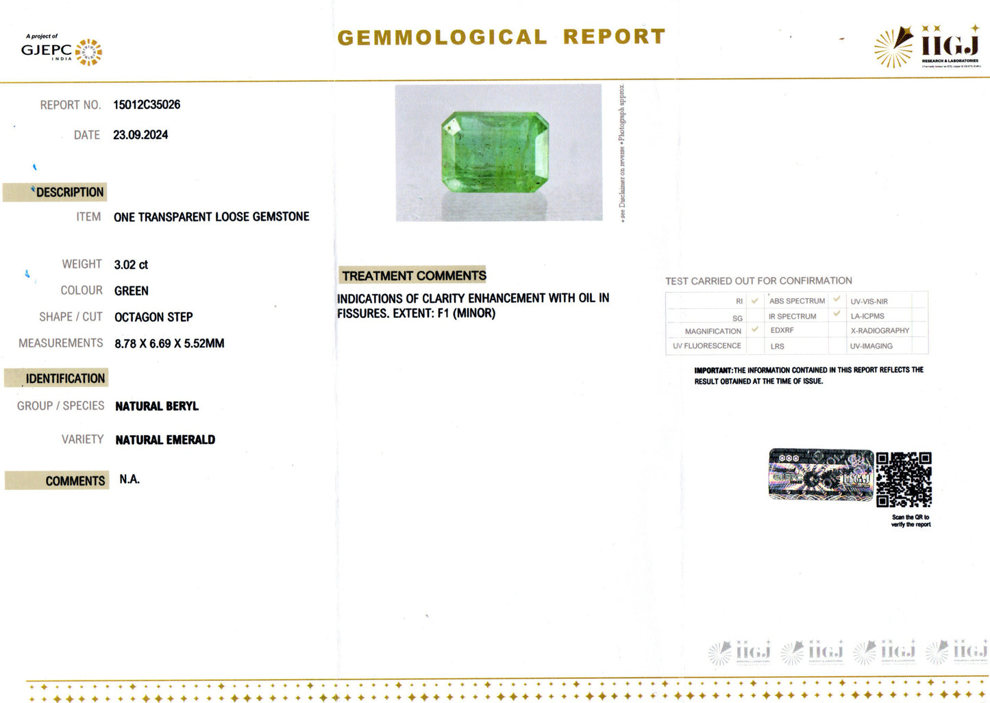 Emerald - 3.02 Carats (Panna - 3.29 Ratti)