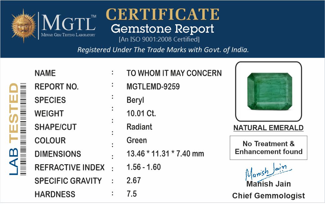 Emerald - 10.01 Carats (Panna - 10.91 Ratti)