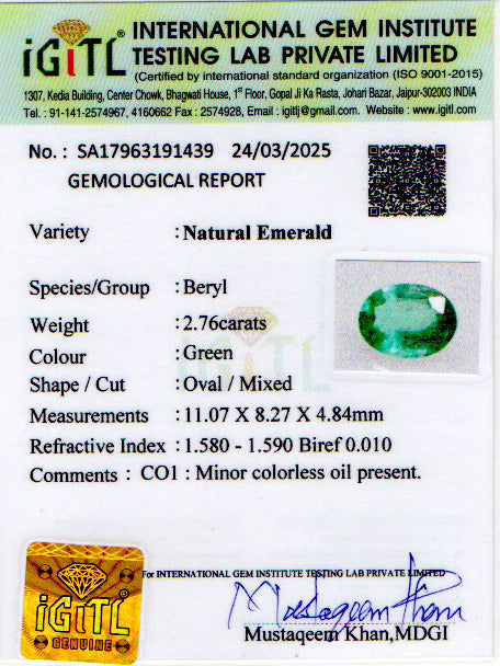 Emerald - 2.76 Carats (Panna - 3.01 Ratti)