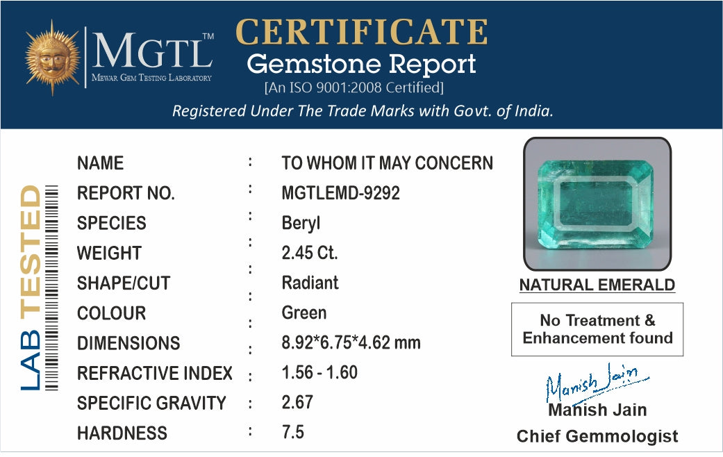 Emerald - 2.45 Carats (Panna - 2.67 Ratti)