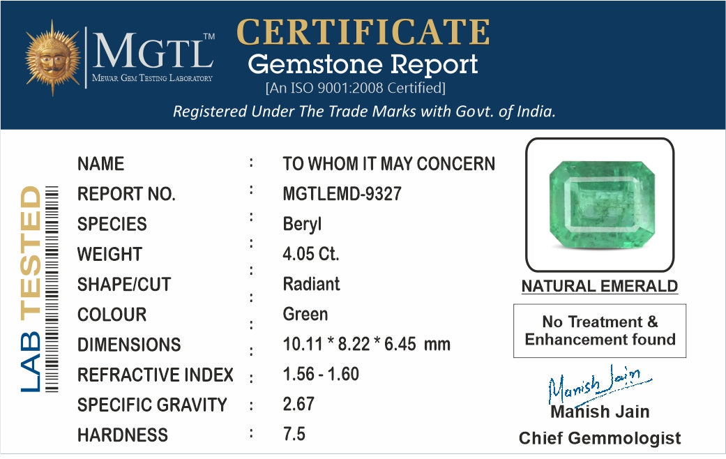 Emerald - 4.05 Carats (Panna - 4.41 Ratti)