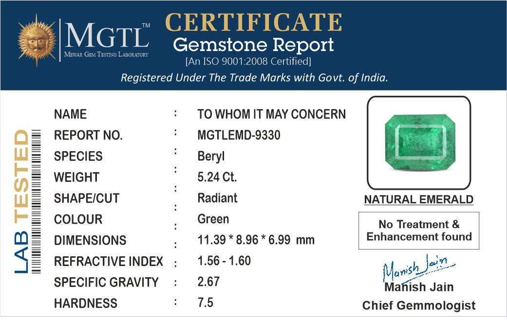 Emerald - 5.24 Carats (Panna - 5.71 Ratti)