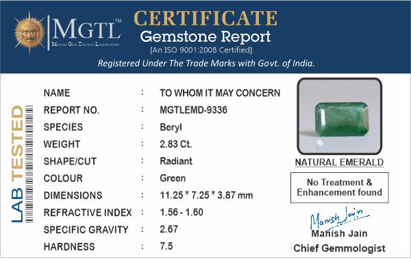 Emerald - 2.83 Carats (Panna - 3.08 Ratti)