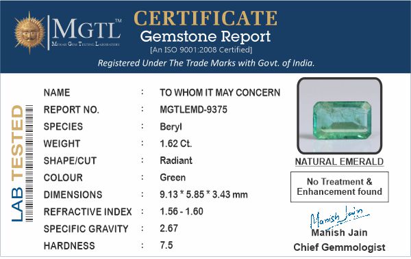 Emerald - 1.62 Carats (Panna - 1.77 Ratti)