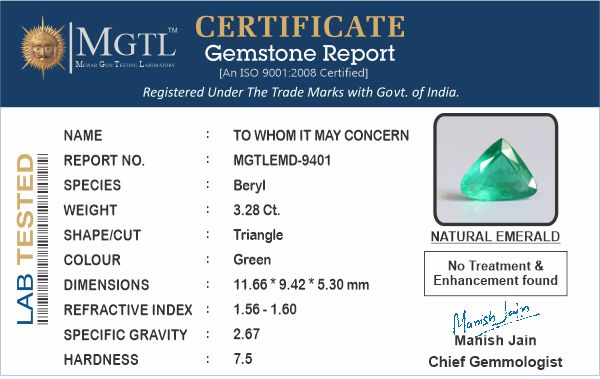 Emerald - 3.28 Carats (Panna - 3.58 Ratti)