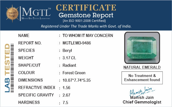 Emerald - 3.17 Carats (Panna - 3.46 Ratti)