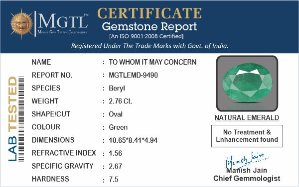 Emerald - 2.76 Carats (Panna - 3.01 Ratti)