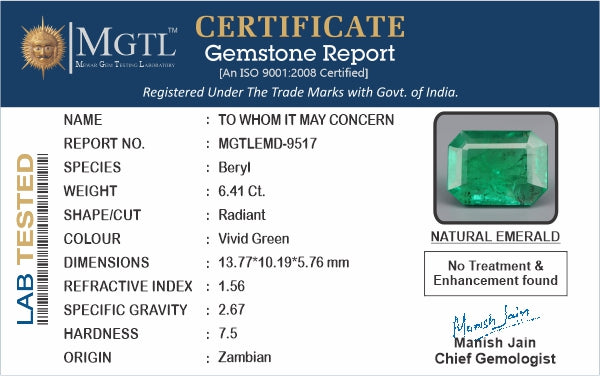 Emerald - 6.41 Carats (Panna - 6.99 Ratti)