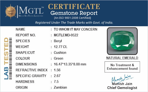 Emerald - 12.77 Carats (Panna - 13.92 Ratti)