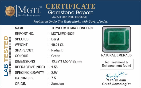 Emerald - 10.21 Carats (Panna - 11.13 Ratti)