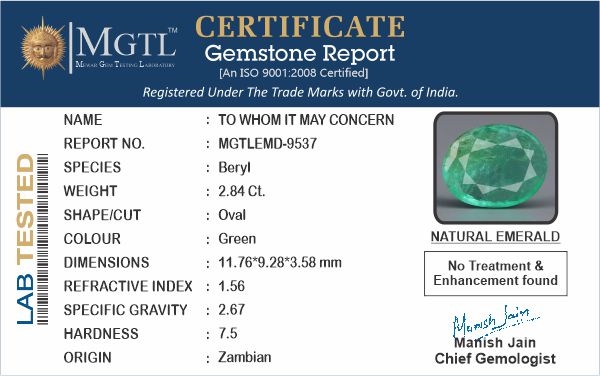 Emerald - 2.84 Carats (Panna - 3.10 Ratti)