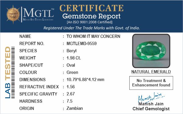 Emerald - 1.98 Carats (Panna - 2.16 Ratti)